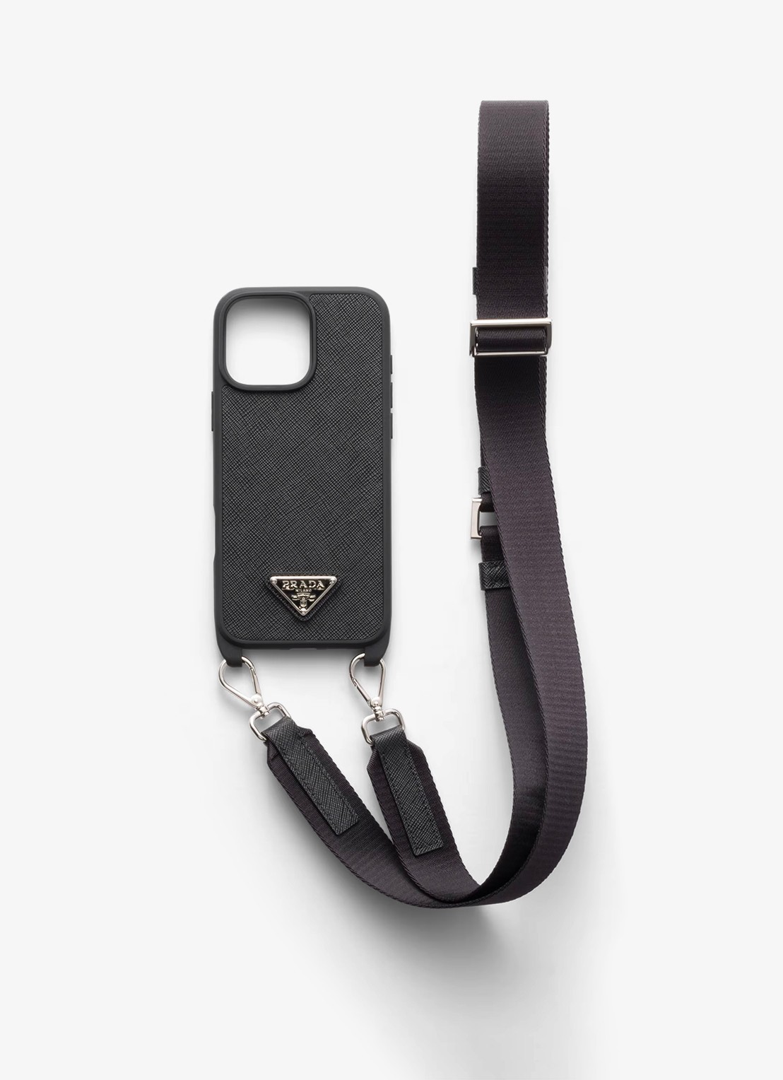 Prada Telefoonhoesje van kalfsleer met schouderriem voor iPhone 16 Pro Max - voorkant 2 zwart