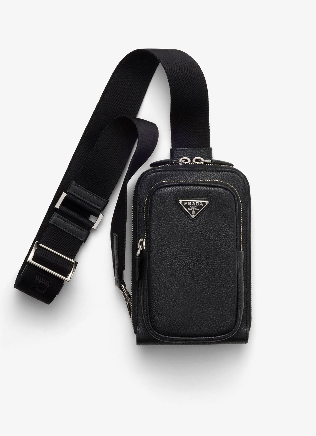 Prada Telefoonhoesje van kalfsleer met schouderriem - voorkant zwart
