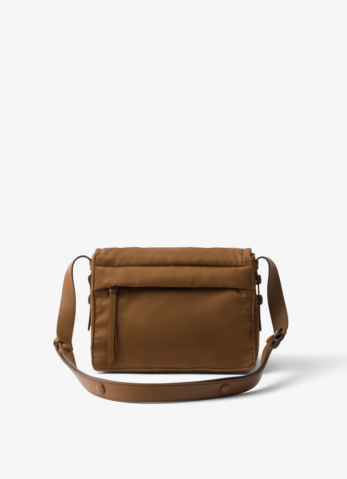 Prada Traveller Re-Nylon Small gewatteerde schoudertas met leren details - achterkant camel