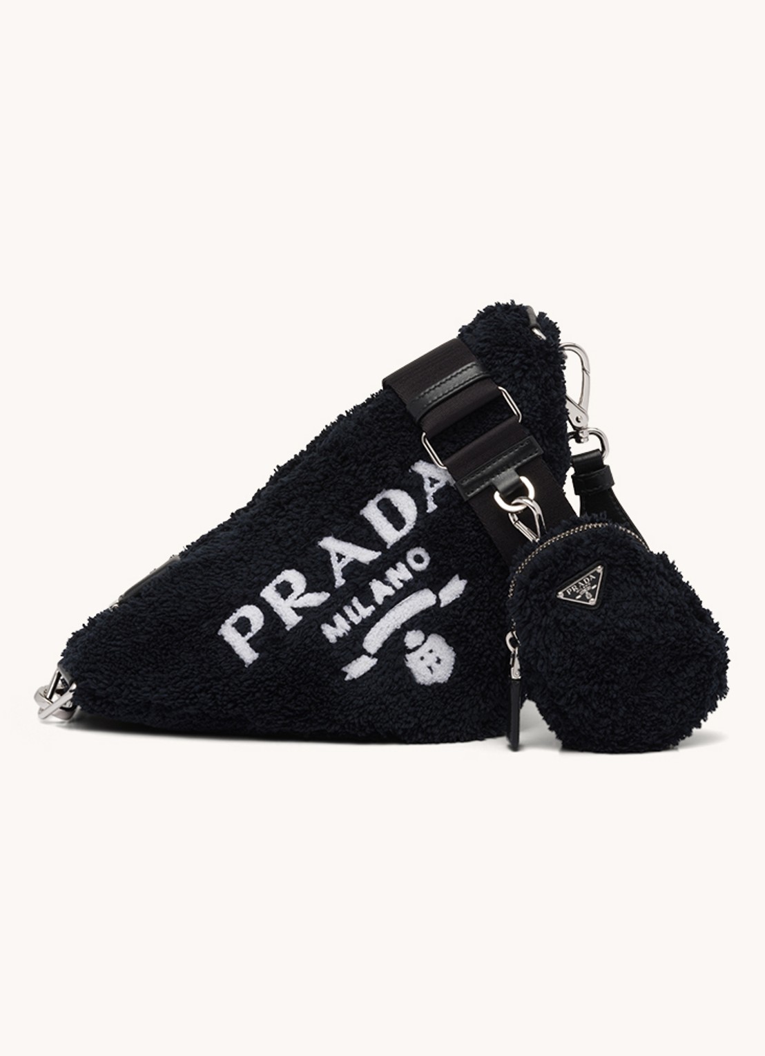 Prada Triangle Terrycloth schoudertas met schapenvacht - voorkant 4 zwart