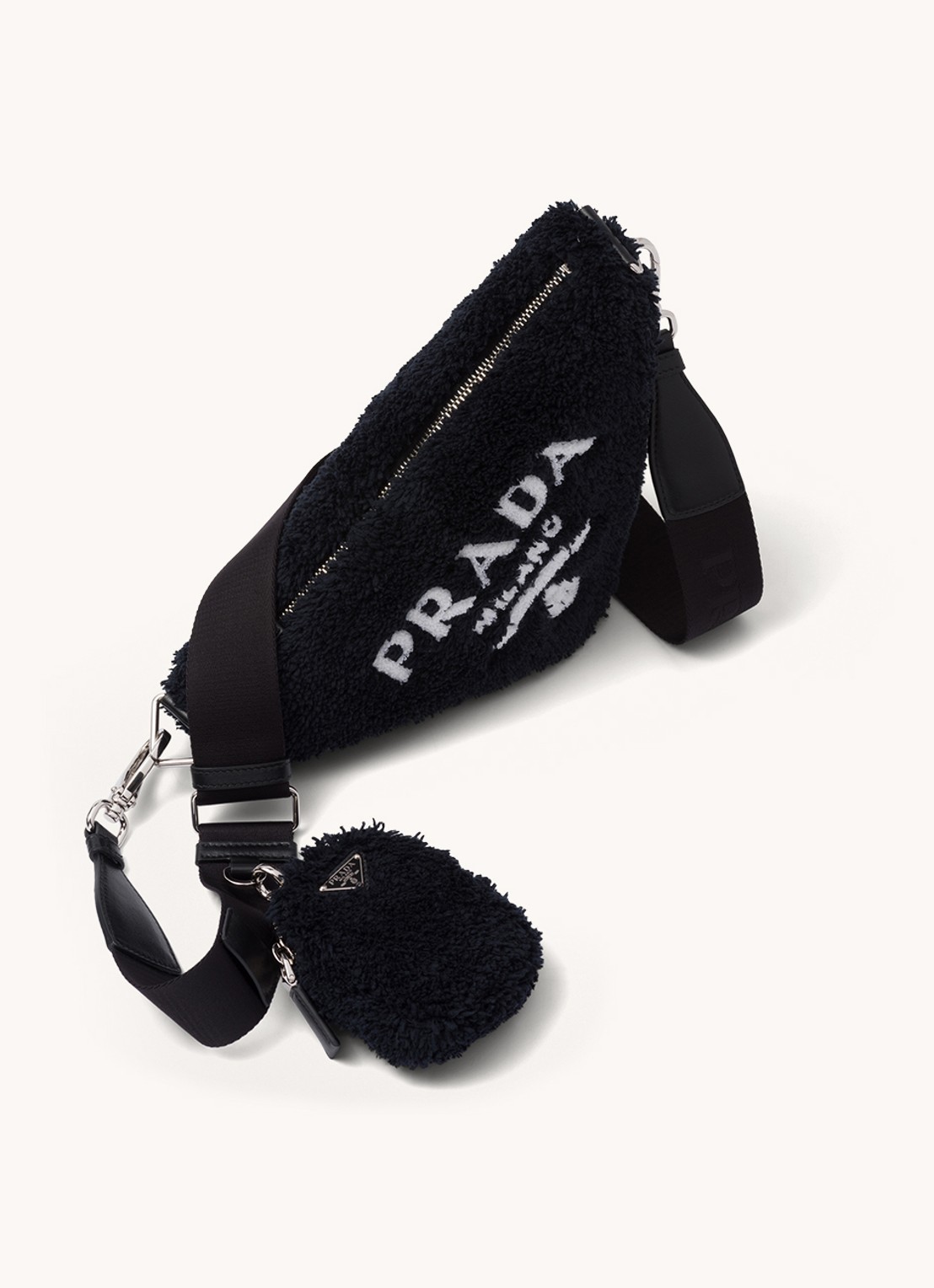 Prada Triangle Terrycloth schoudertas met schapenvacht - voorkant 5 zwart