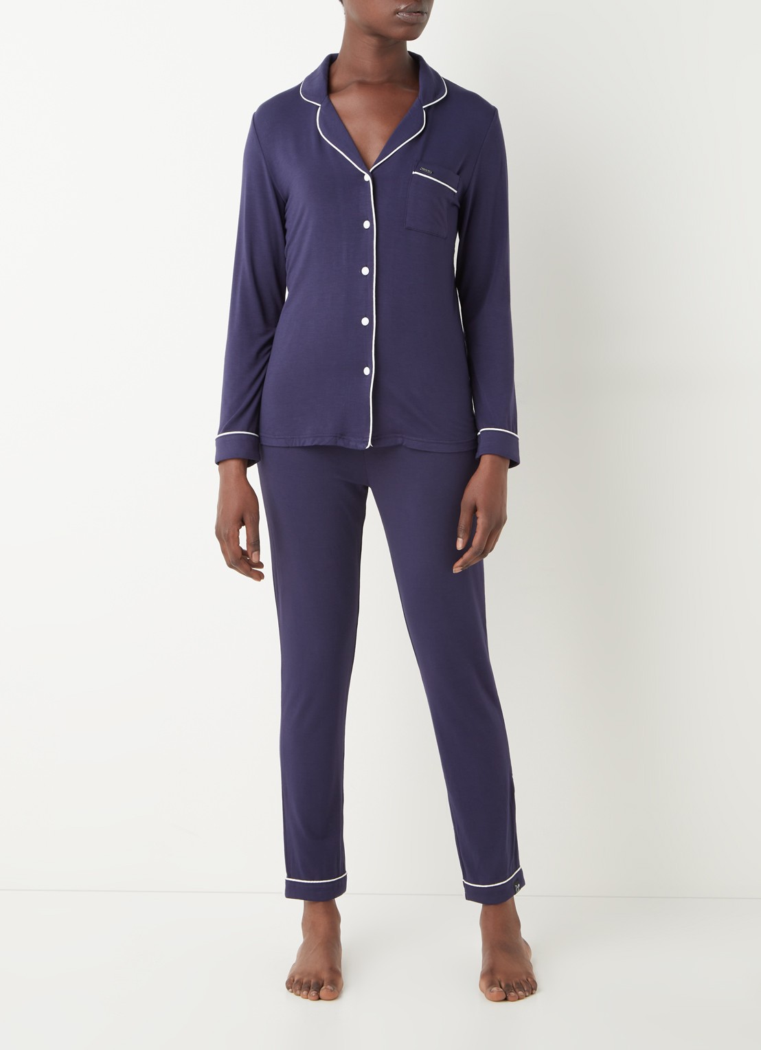 Pretty You Bamboo pyjamaset met contrasterende bies - voorkant 2 donkerblauw