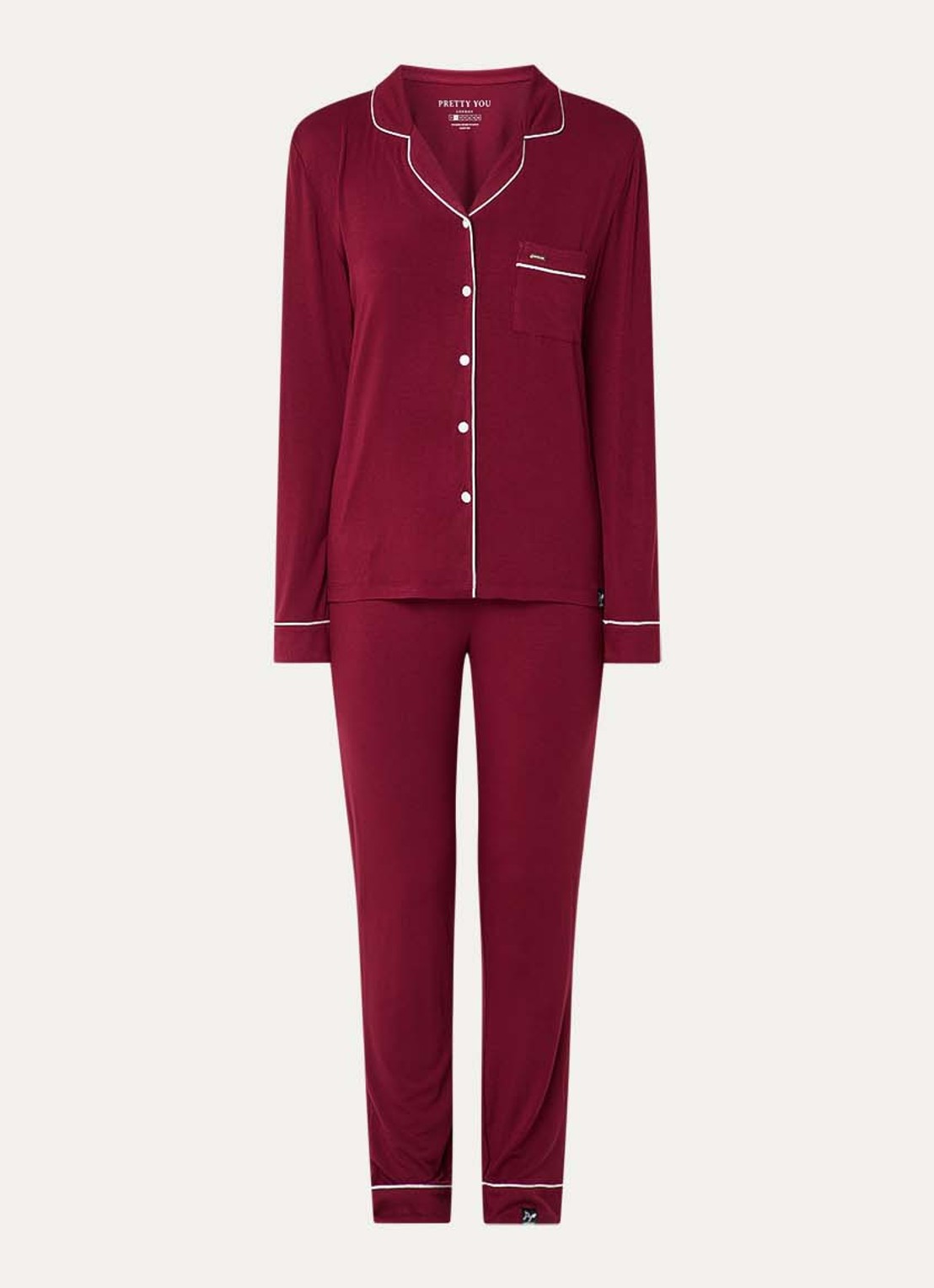 Pretty You Bamboo pyjamaset met contrasterende bies - voorkant beige