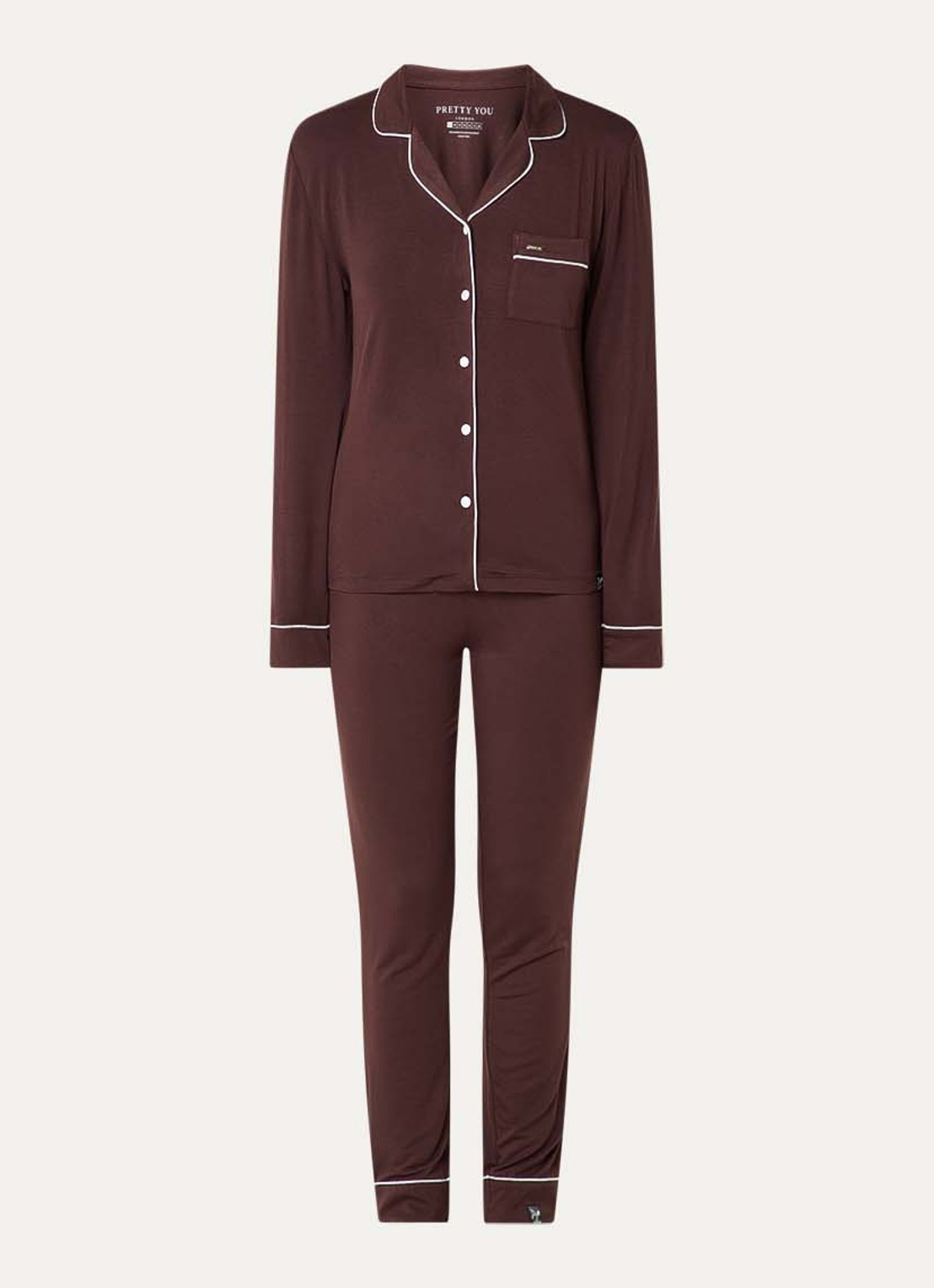 Pretty You Bamboo pyjamaset met contrasterende bies - voorkant donkerbruin