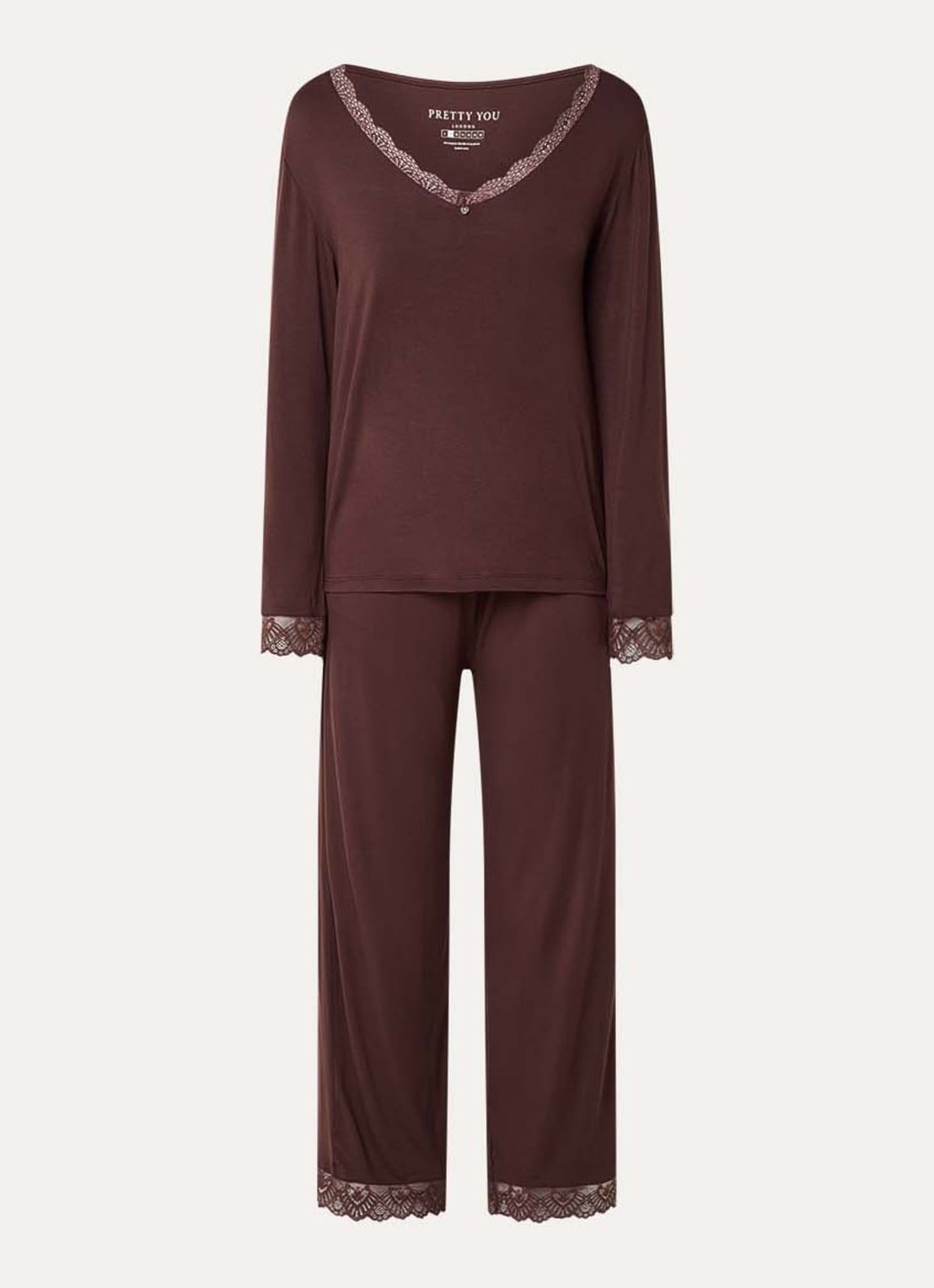 Pretty You Bamboo pyjamaset met details van kant - voorkant 2 donkerbruin