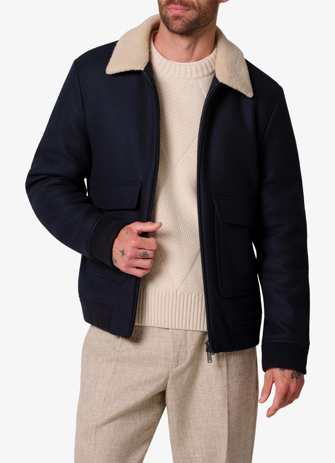 Profuomo Bomberjack in wolblend met kraag - detail donkerblauw