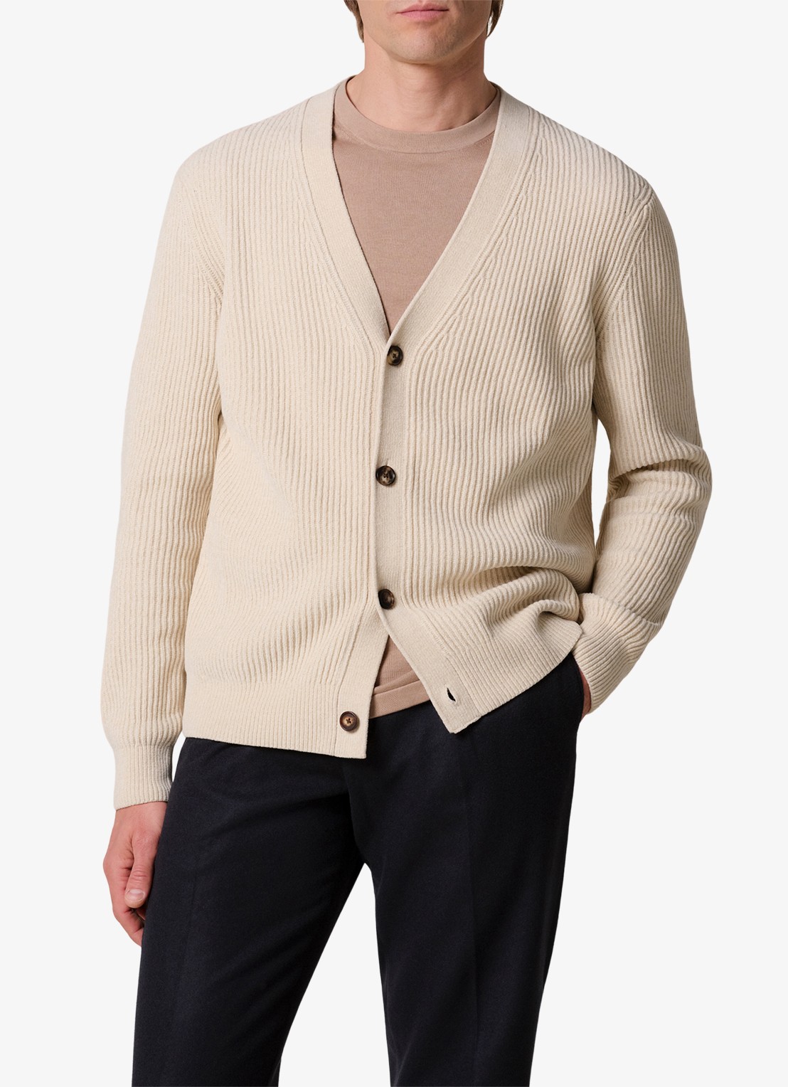 Profuomo Chenille ribgebreid vest in wolblend - detail 2 zand