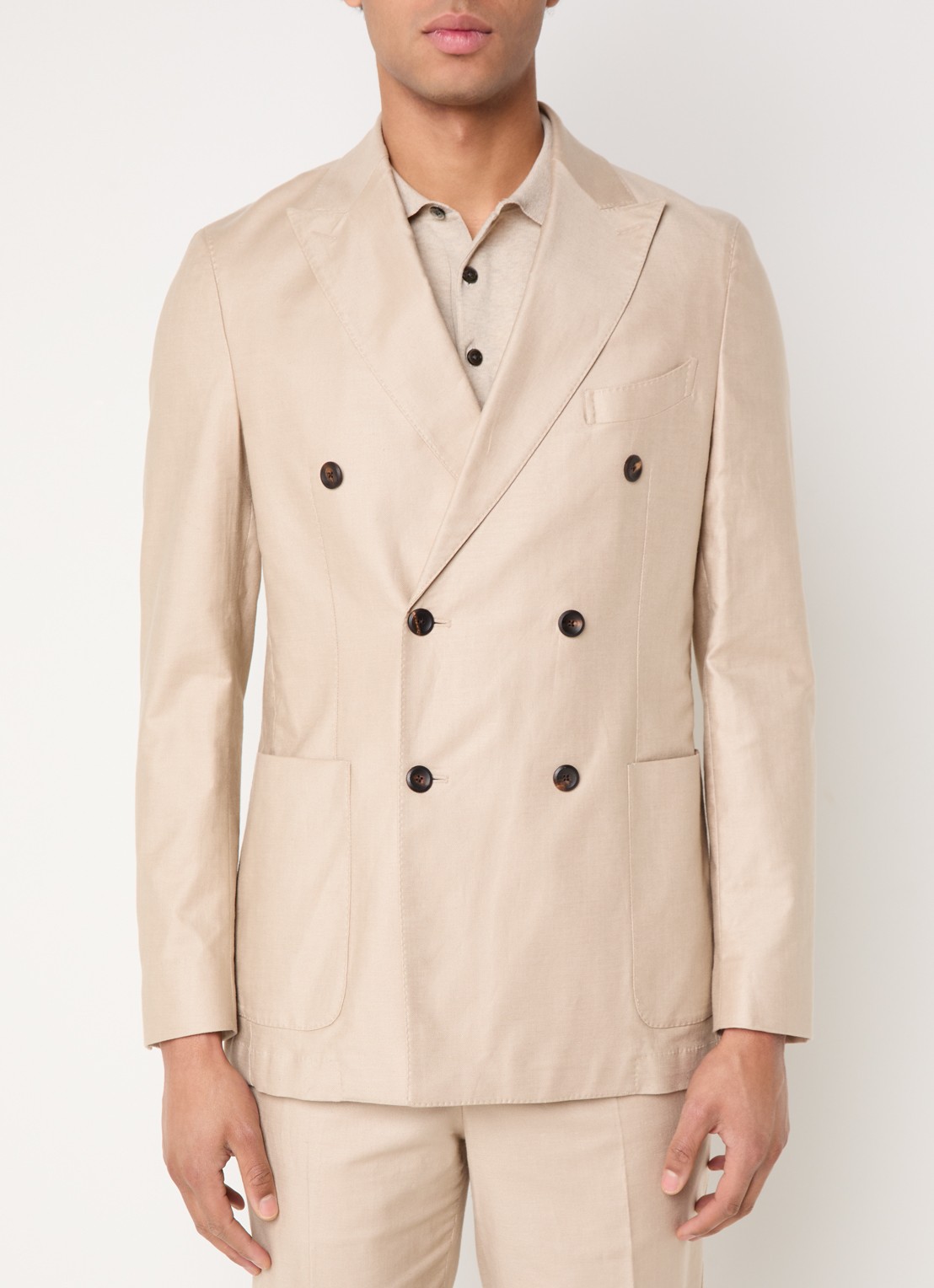 Profuomo Double-breasted regular fit colbert in linnenblend met opgestikte zakken - detail 4 beige