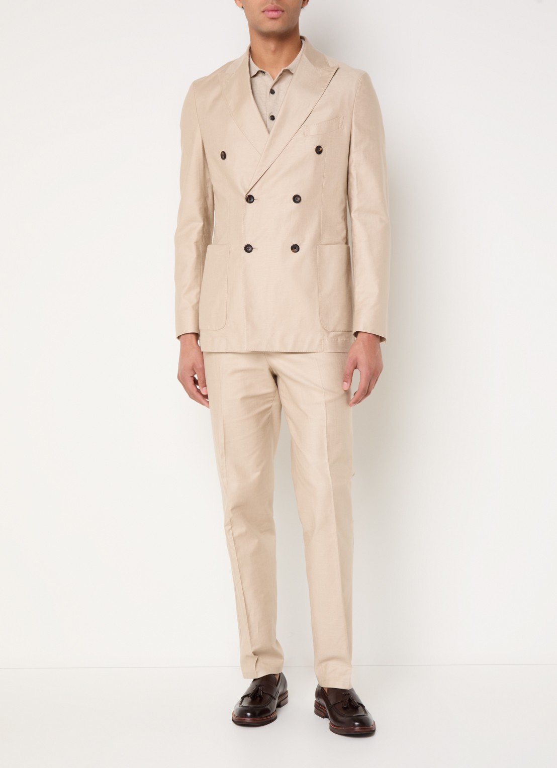 Profuomo Double-breasted regular fit colbert in linnenblend met opgestikte zakken - voorkant 3 beige