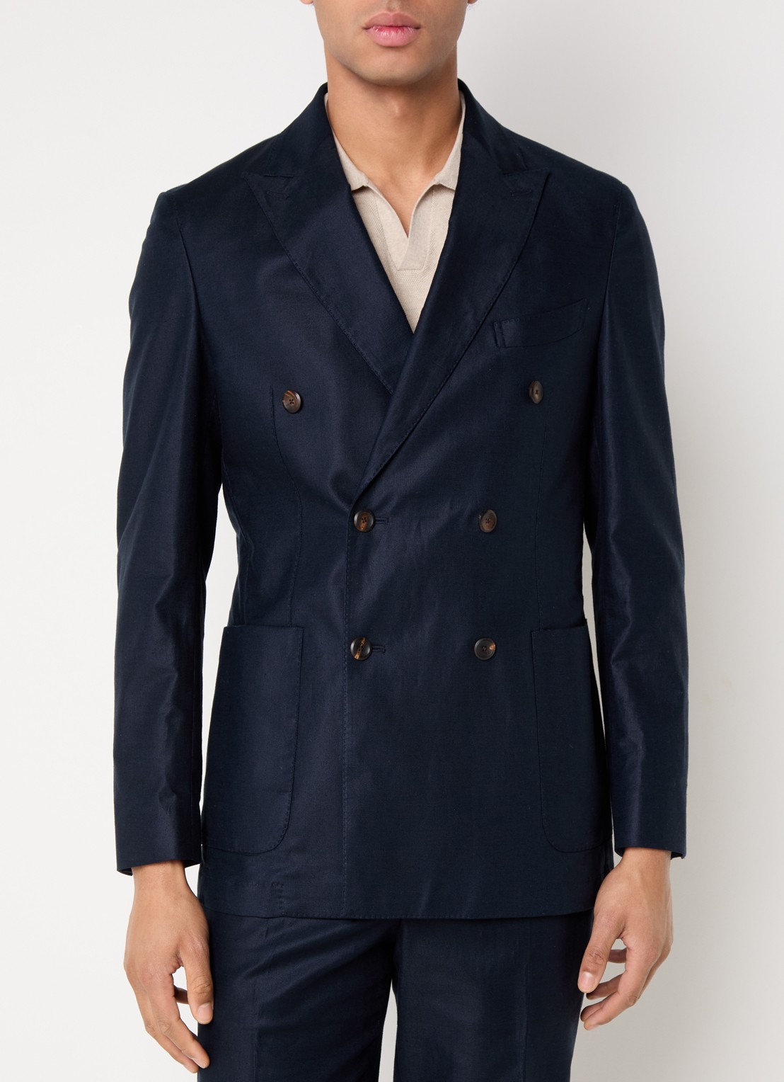 Profuomo Double-breasted regular fit colbert in linnenblend met opgestikte zakken - detail donkerblauw