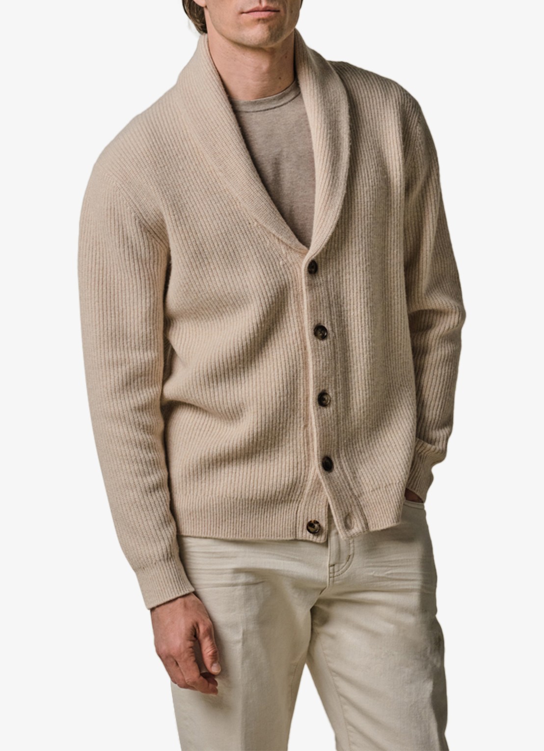Profuomo Fijngebreid vest in wolblend met ribstructuur - detail beige