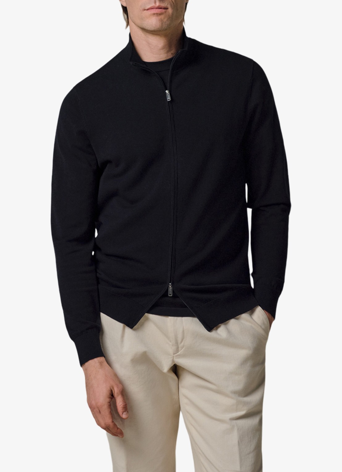 Profuomo Fijngebreid vest in zijdeblend met opstaande kraag - detail donkerblauw