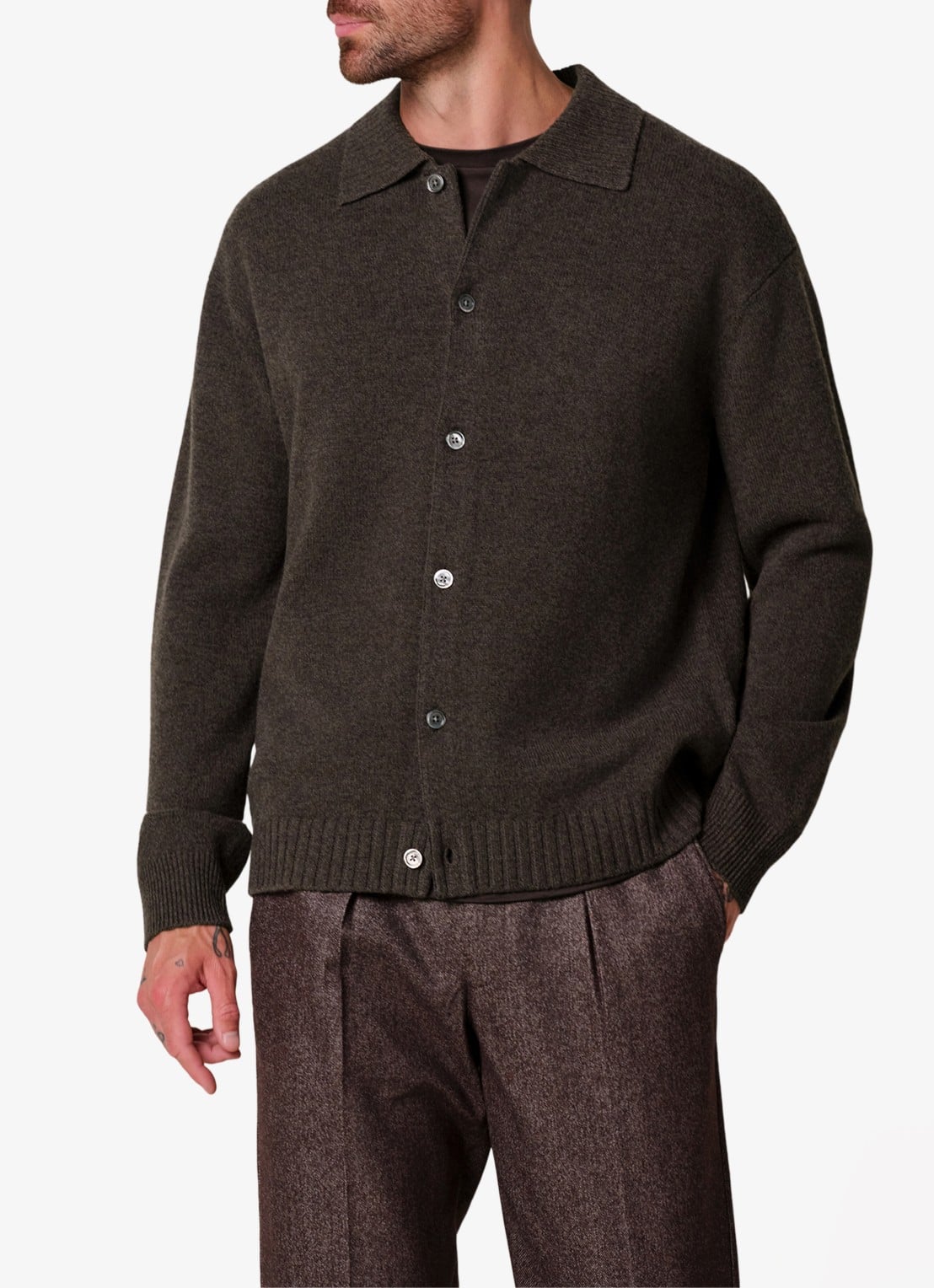 Profuomo Fijngebreid vest van wol met kraag - detail donkerbruin