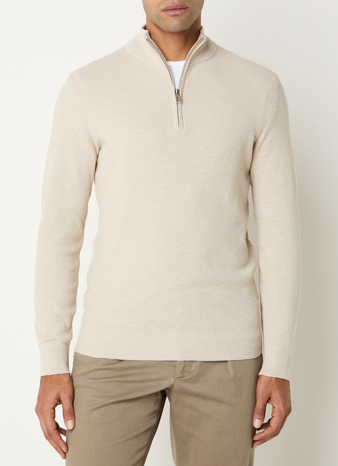 Profuomo Fijngebreide pullover met halve rits - detail zand