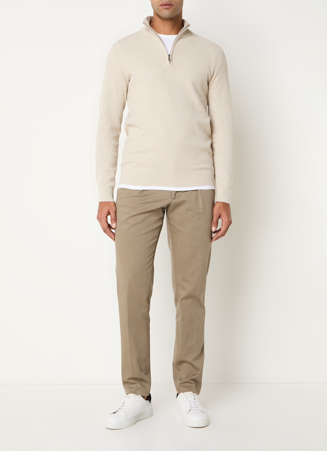 Profuomo Fijngebreide pullover met halve rits - voorkant 4 zand