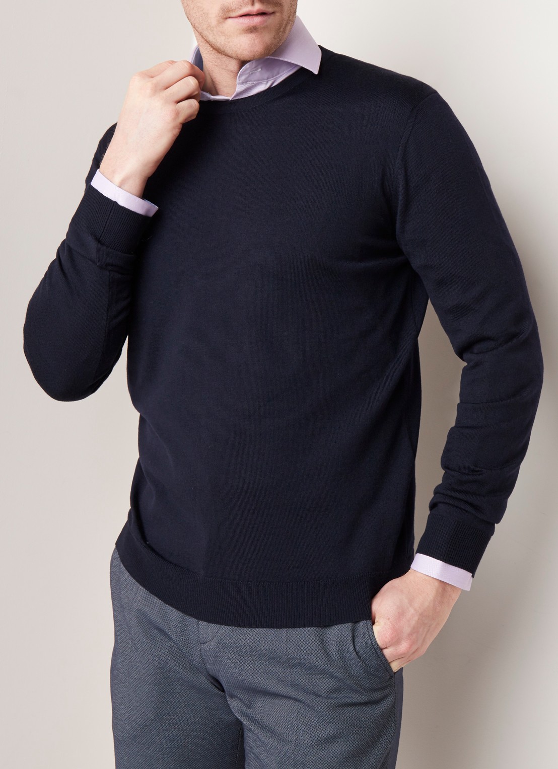 Profuomo Fijngebreide pullover van wol met ronde hals - detail 2 blauw