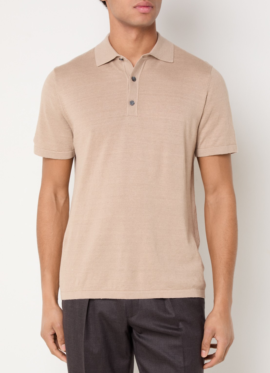Profuomo Fijngebreide regular fit polo in linnenblend - detail beige