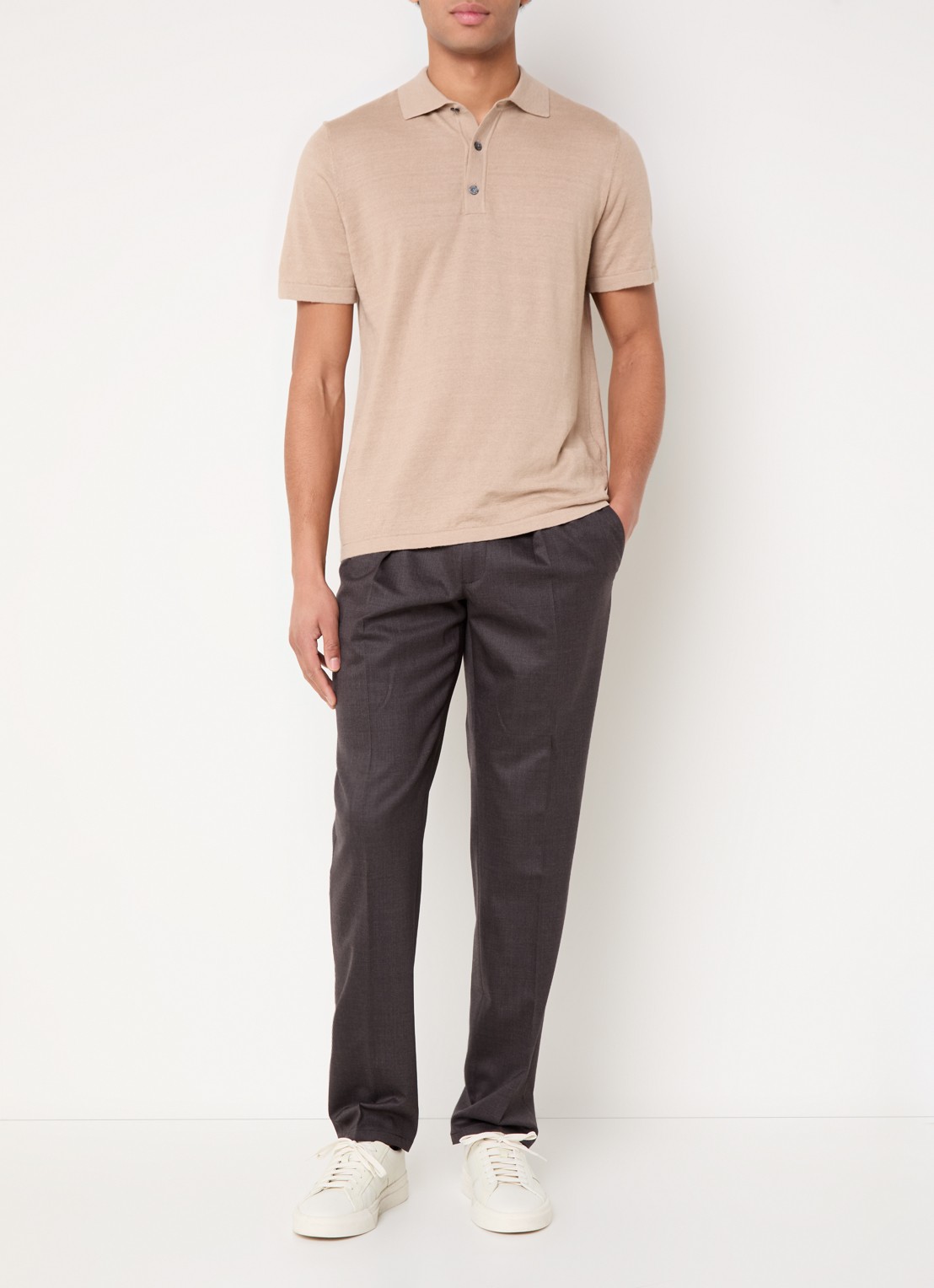 Profuomo Fijngebreide regular fit polo in linnenblend - voorkant 4 beige