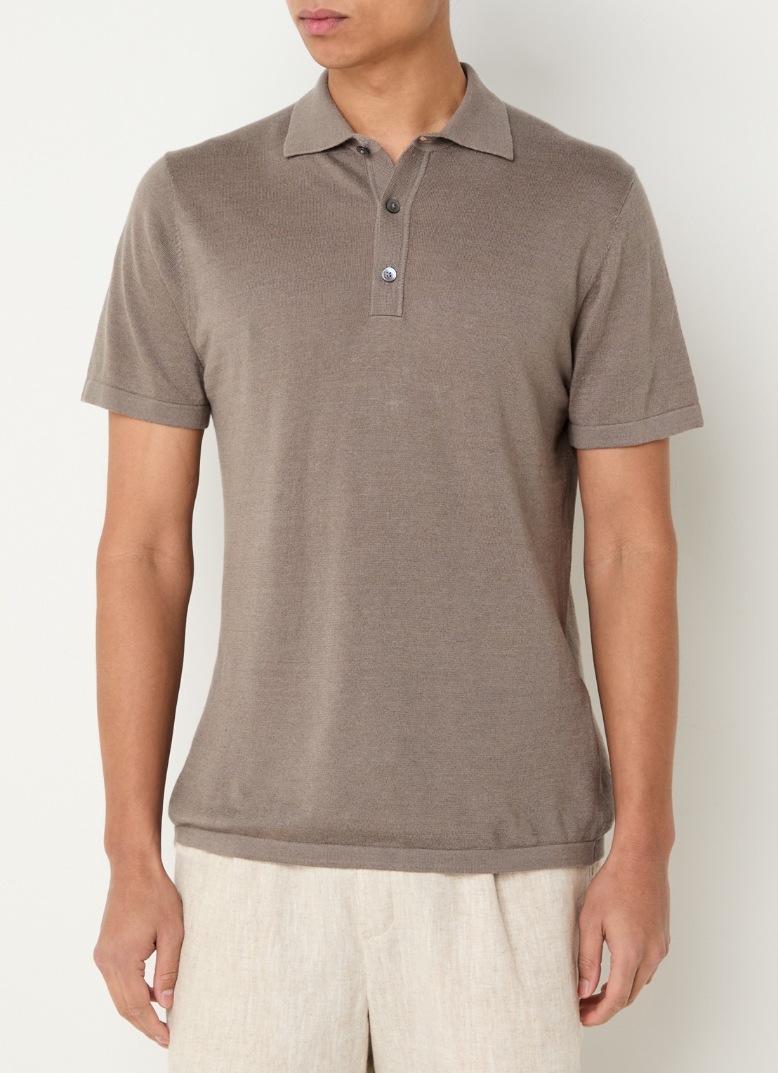 Profuomo Fijngebreide regular fit polo in linnenblend - detail 4 lichtbruin