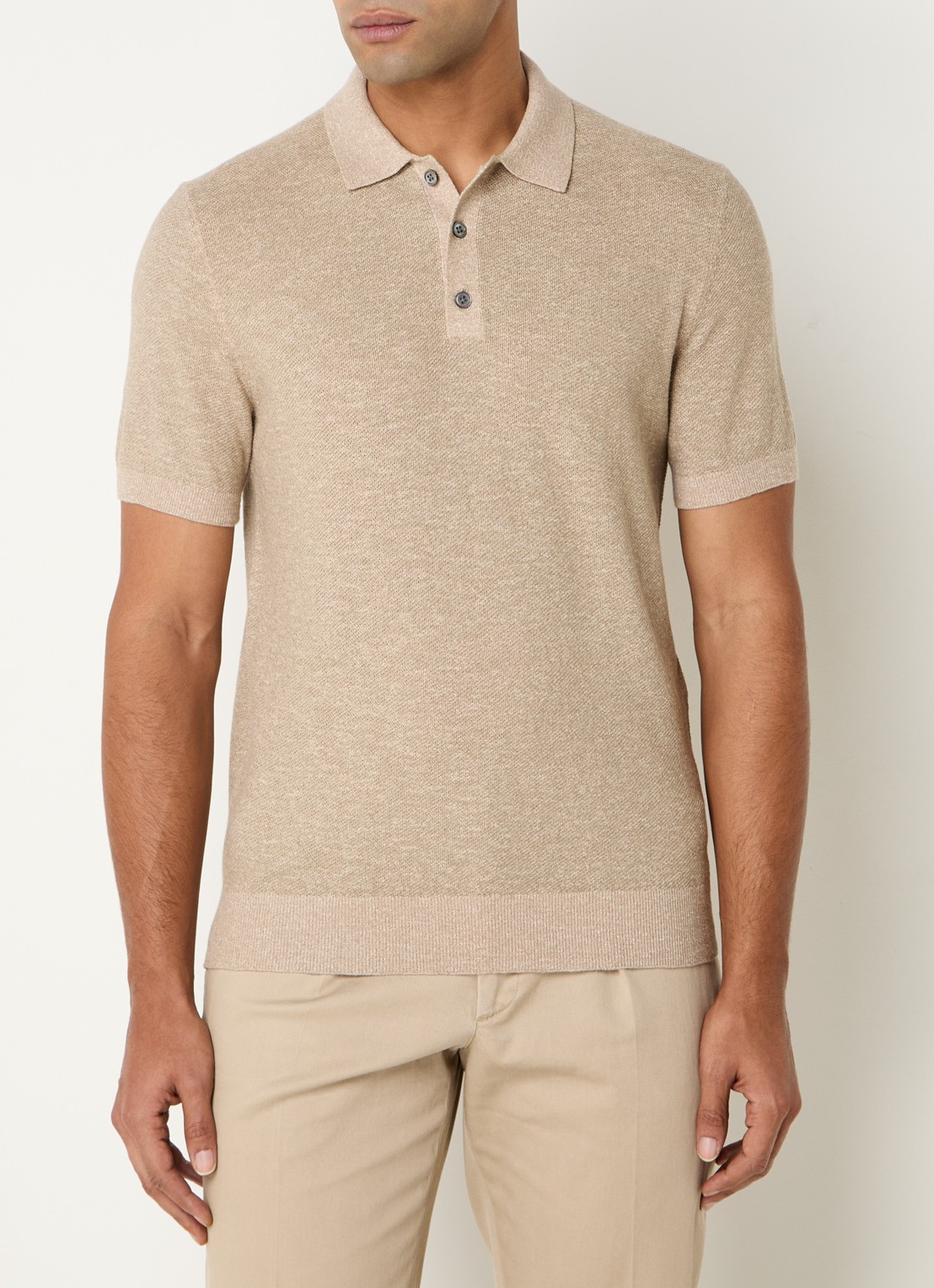 Profuomo Fijngebreide slim fit polo in linnenblend  - detail beige