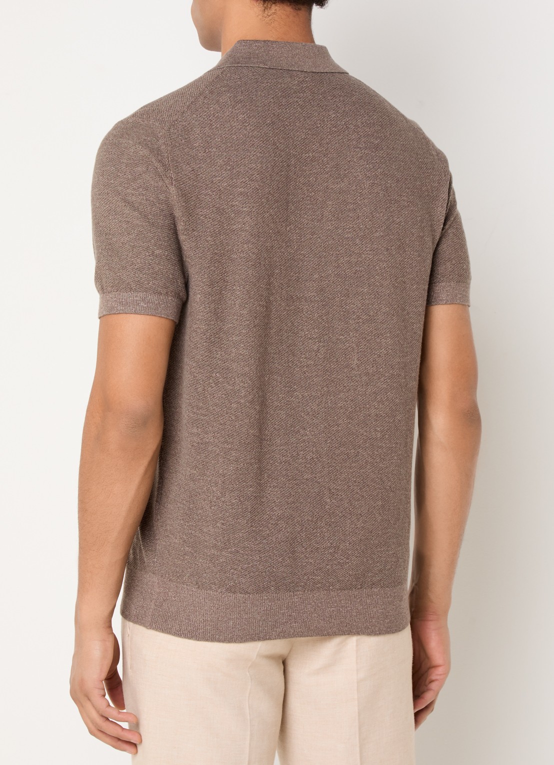 Profuomo Fijngebreide slim fit polo in linnenblend  - achterkant lichtbruin