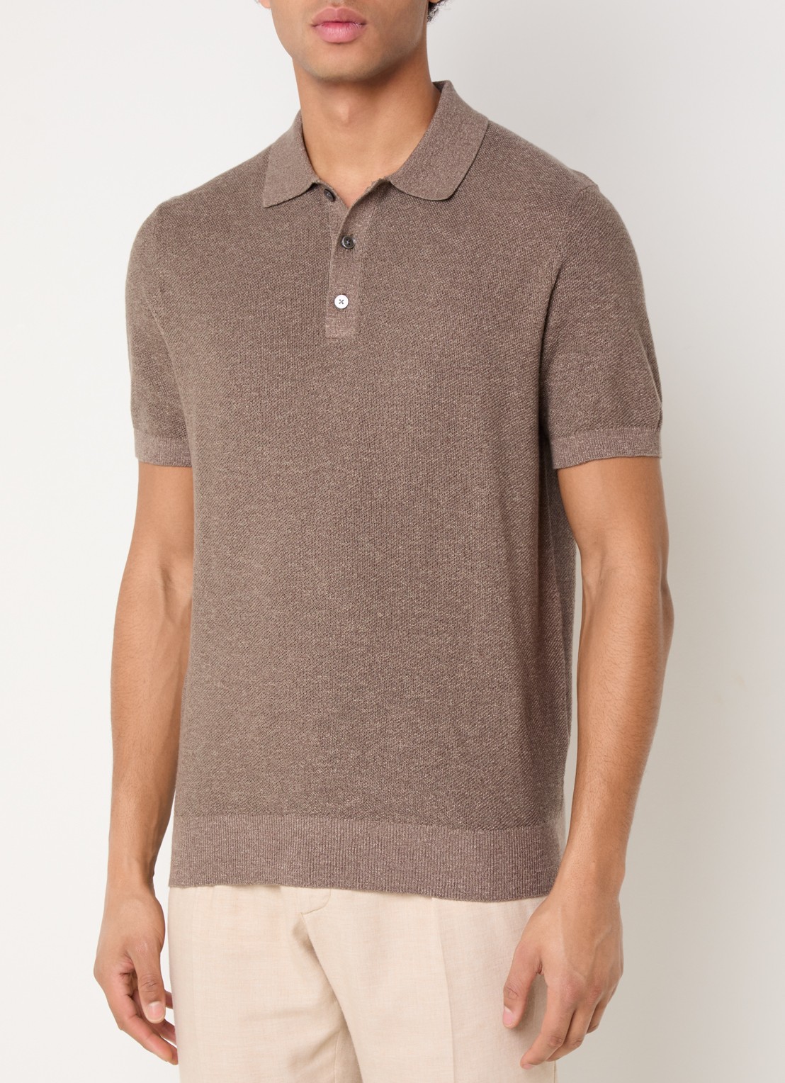 Profuomo Fijngebreide slim fit polo in linnenblend  - detail 2 lichtbruin