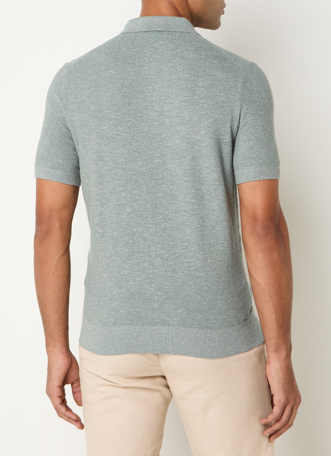 Profuomo Fijngebreide slim fit polo in linnenblend  - achterkant olijfgroen