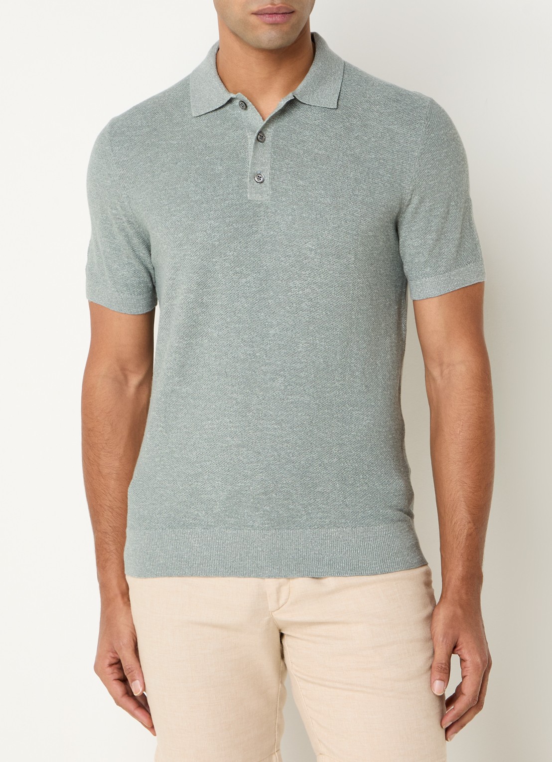 Profuomo Fijngebreide slim fit polo in linnenblend  - detail 2 olijfgroen