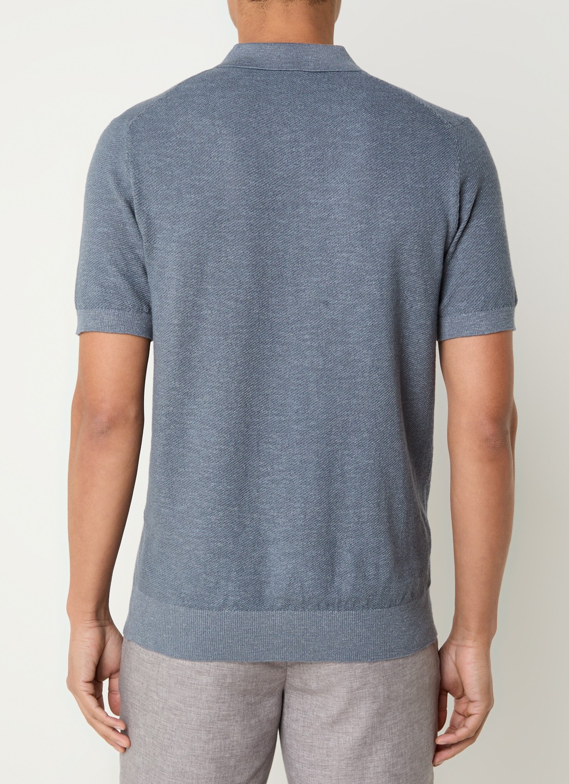 Profuomo Fijngebreide slim fit polo in linnenblend  - achterkant blauw