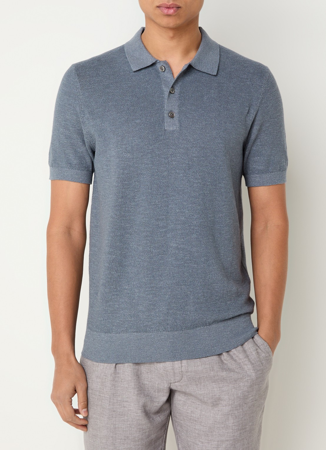 Profuomo Fijngebreide slim fit polo in linnenblend  - detail 2 blauw