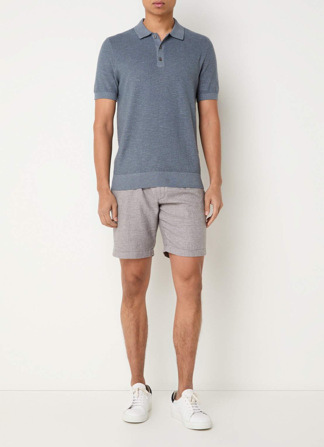 Profuomo Fijngebreide slim fit polo in linnenblend  - voorkant 4 blauw