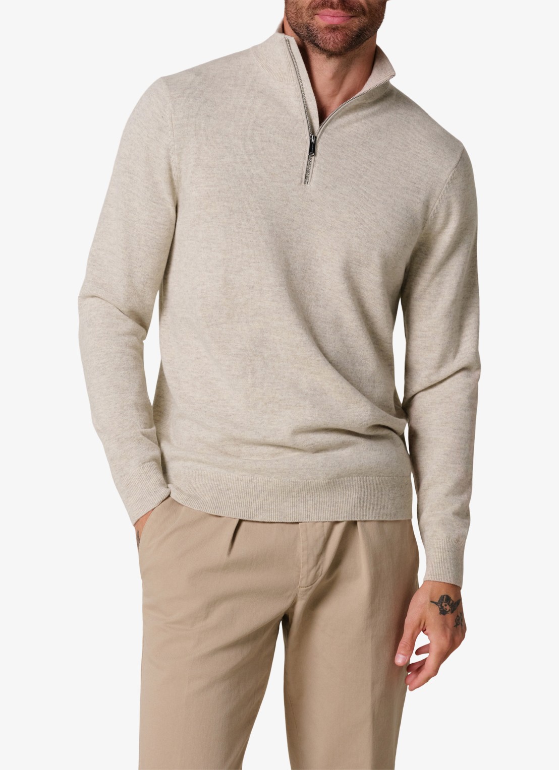 Profuomo Fijngebreide trui in wolblend met halve rits - detail beige