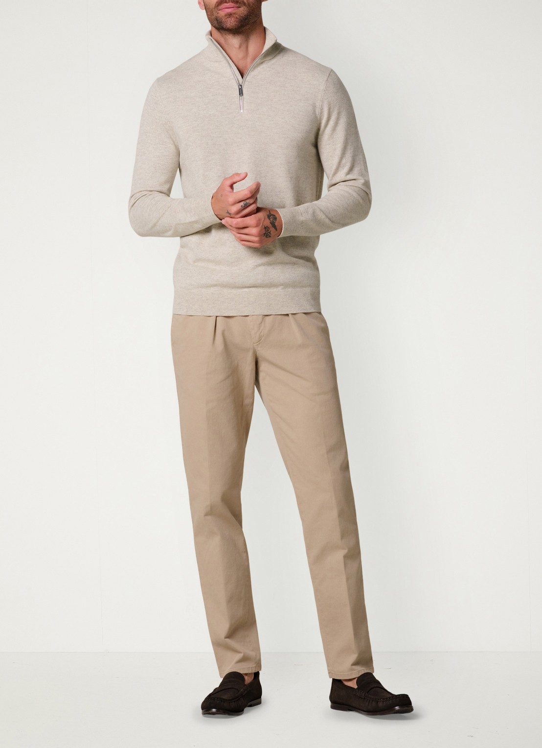 Profuomo Fijngebreide trui in wolblend met halve rits - voorkant 6 beige