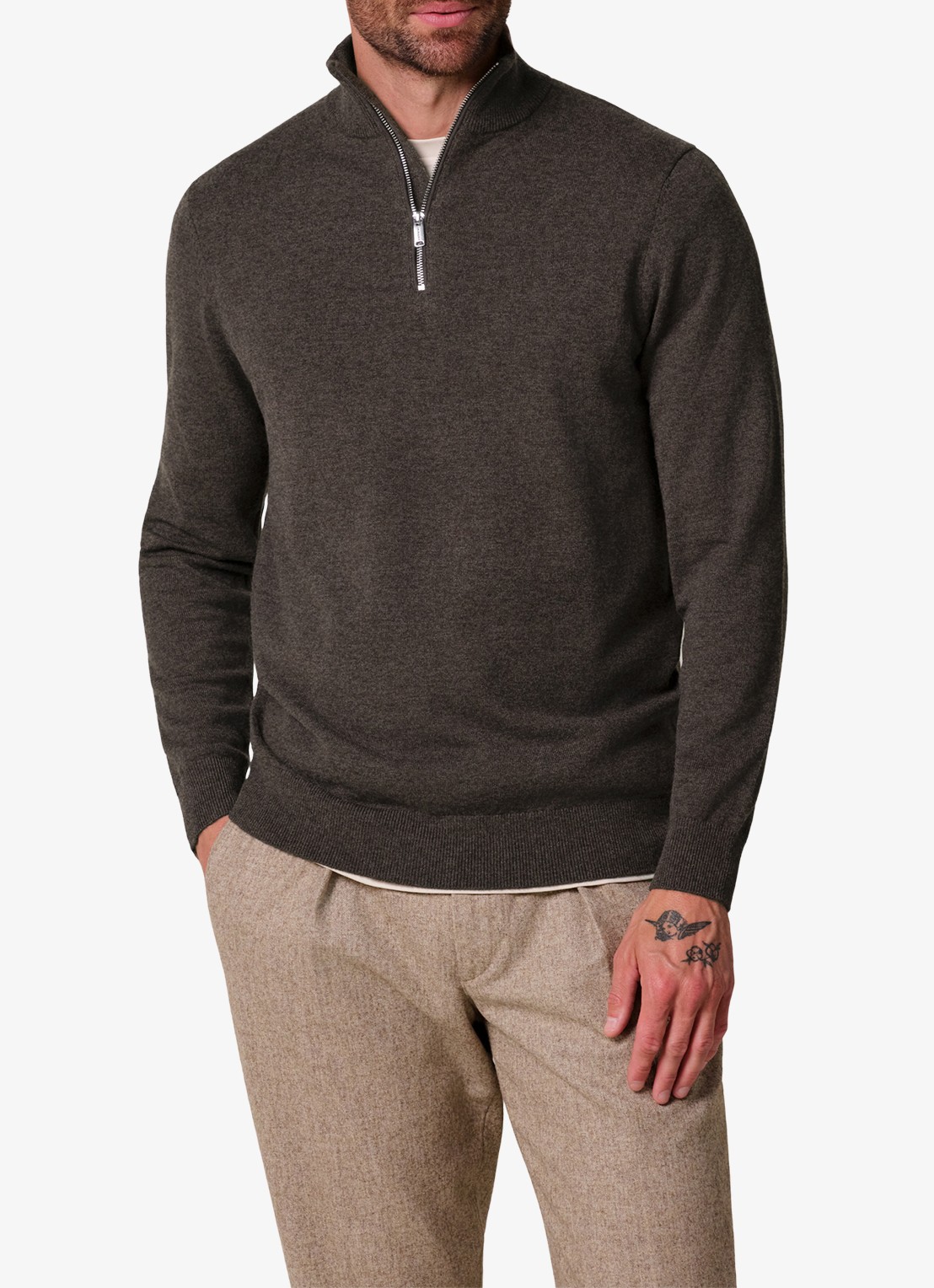 Profuomo Fijngebreide trui in wolblend met halve rits - detail 4 bruin