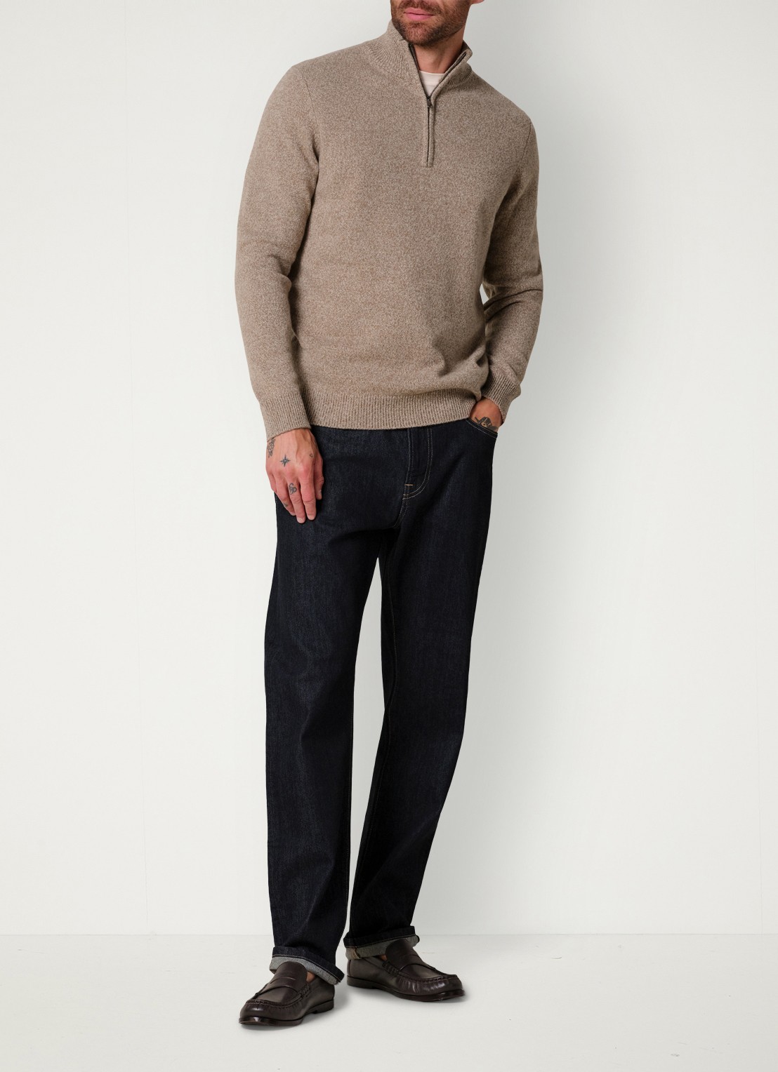 Profuomo Fijngebreide trui in wolblend met halve rits - voorkant 2 beige