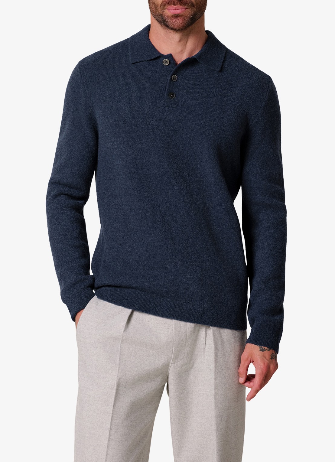 Profuomo Fijngebreide trui in wolblend met polokraag - detail blauw