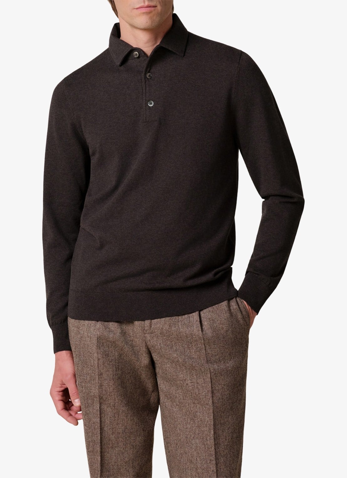 Profuomo Fijngebreide trui in wolblend met polokraag - detail 4 donkerbruin