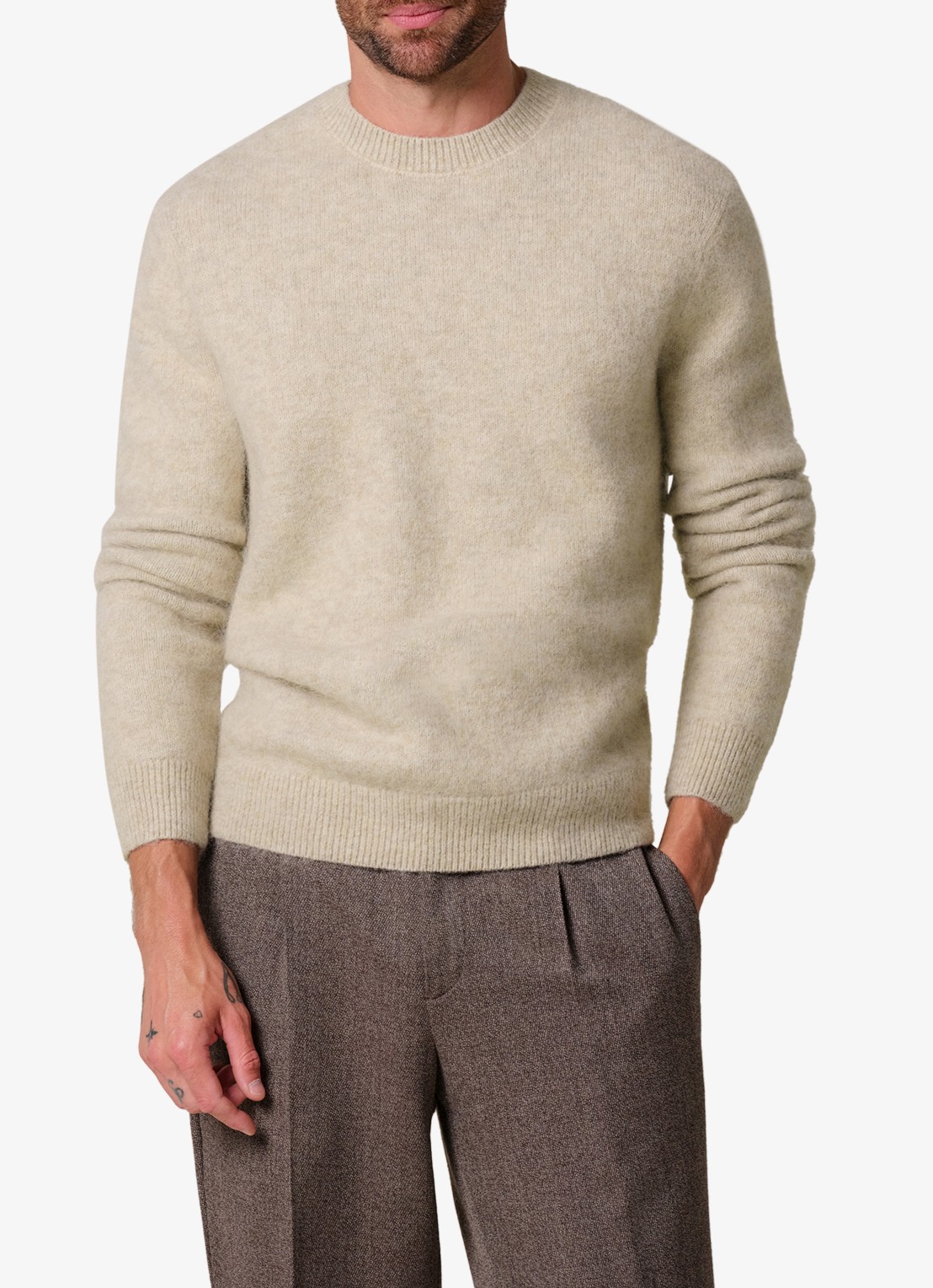 Profuomo Fijngebreide trui in wolblend met ronde hals - detail 3 beige