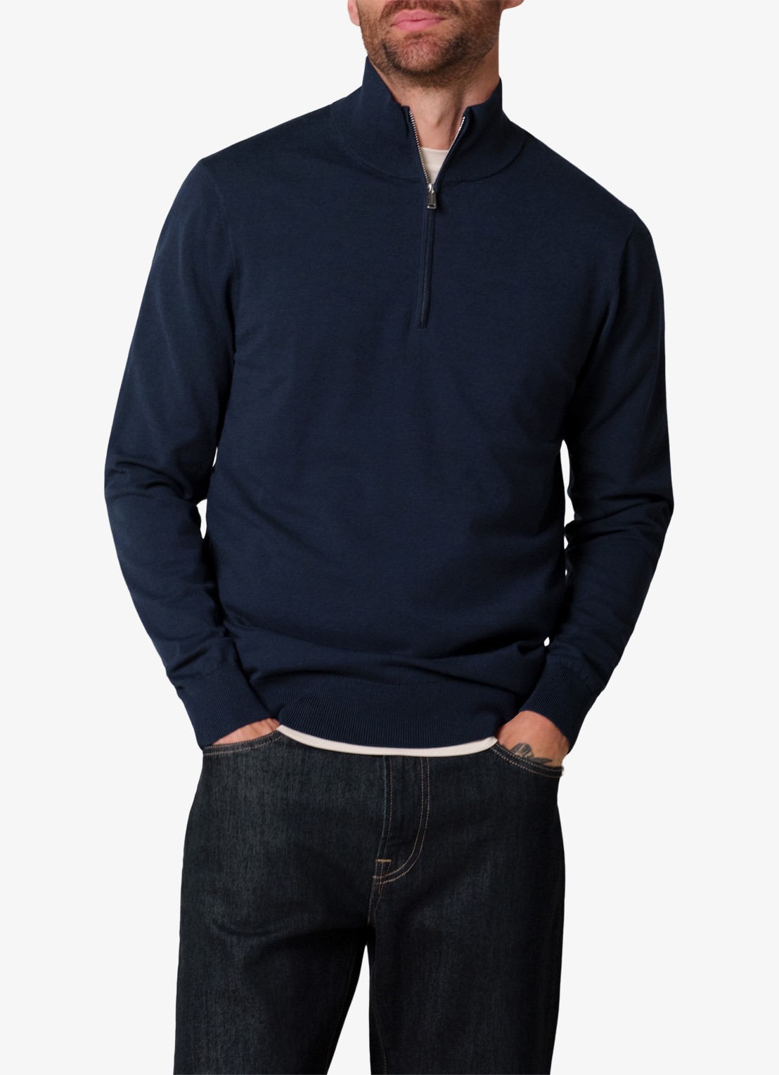 Profuomo Fijngebreide trui in zijdeblend met halve rits - detail 4 donkerblauw