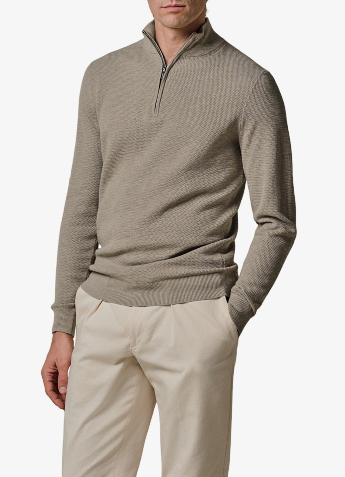 Profuomo Fijngebreide trui met halve rits - detail 2 beige