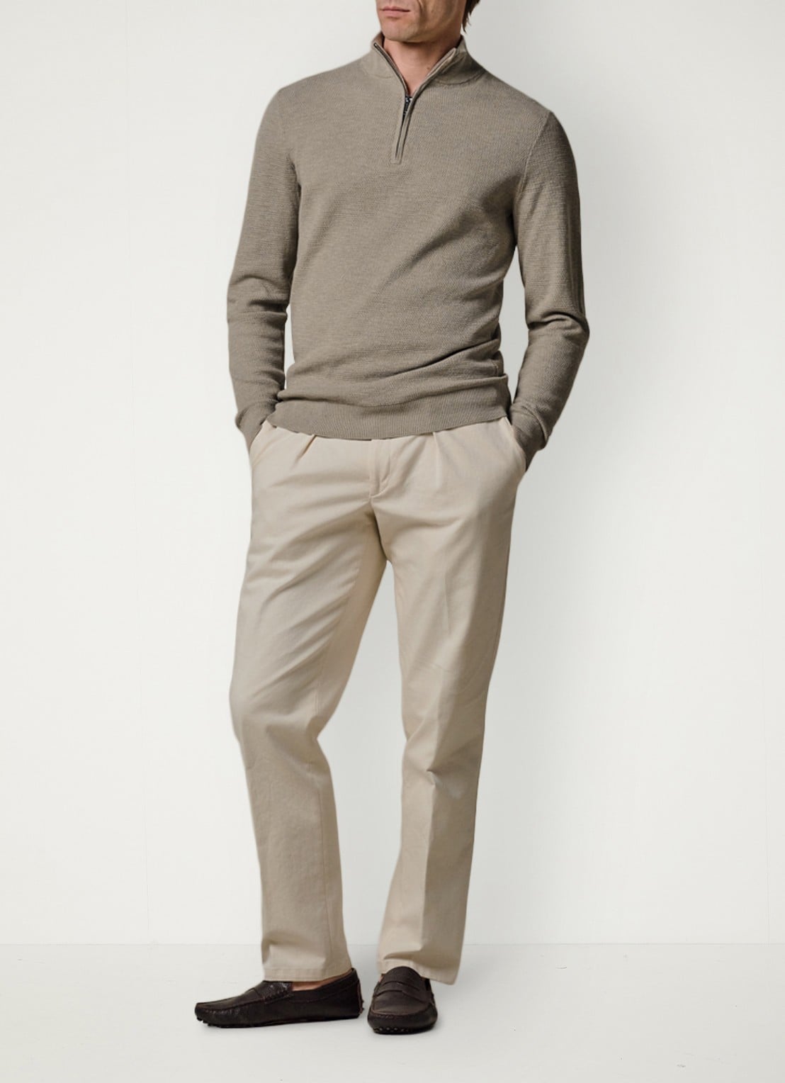 Profuomo Fijngebreide trui met halve rits - voorkant 6 beige