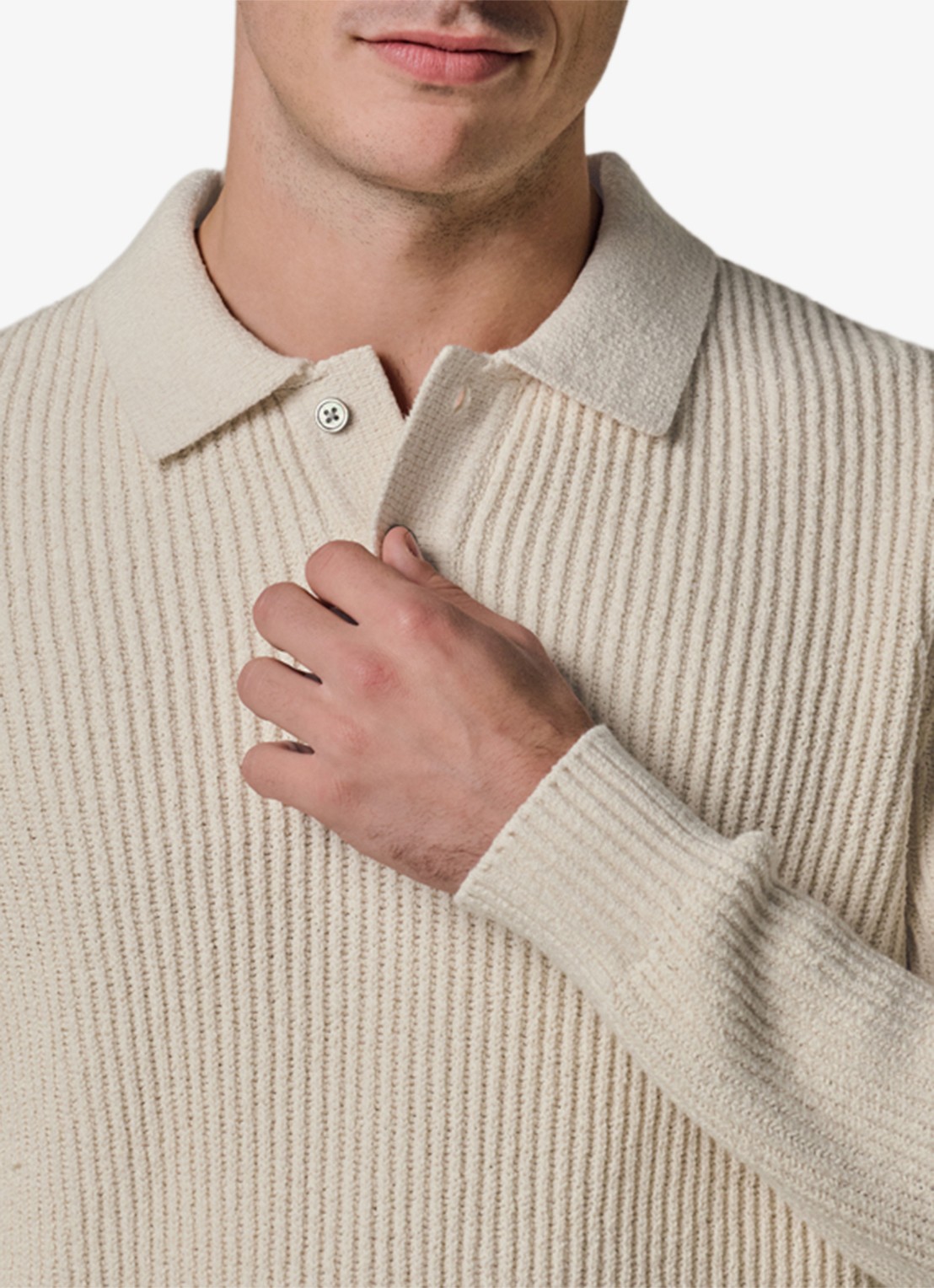 Profuomo Fijngebreide trui met polo kraag - detail 4 gebroken wit