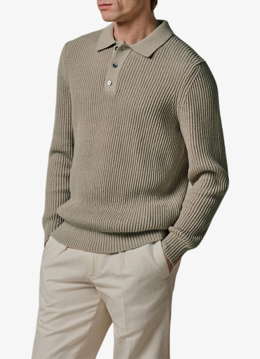 Profuomo Fijngebreide trui met polo kraag - detail 3 beige