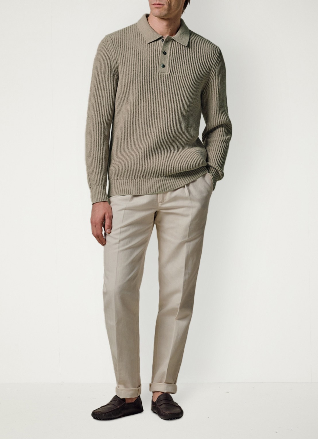 Profuomo Fijngebreide trui met polo kraag - voorkant 2 beige