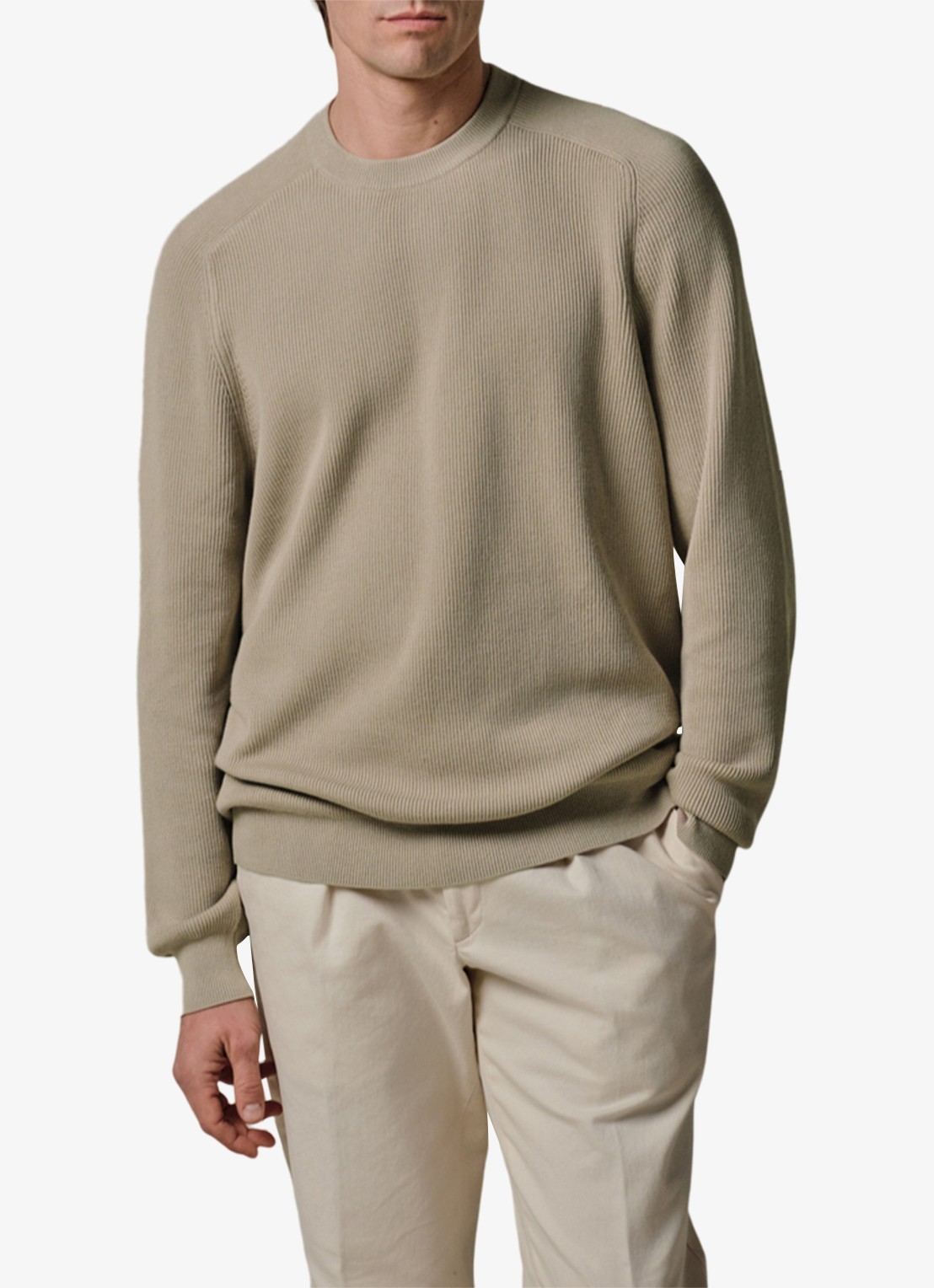 Profuomo Fijngebreide trui met ribstructuur - detail beige