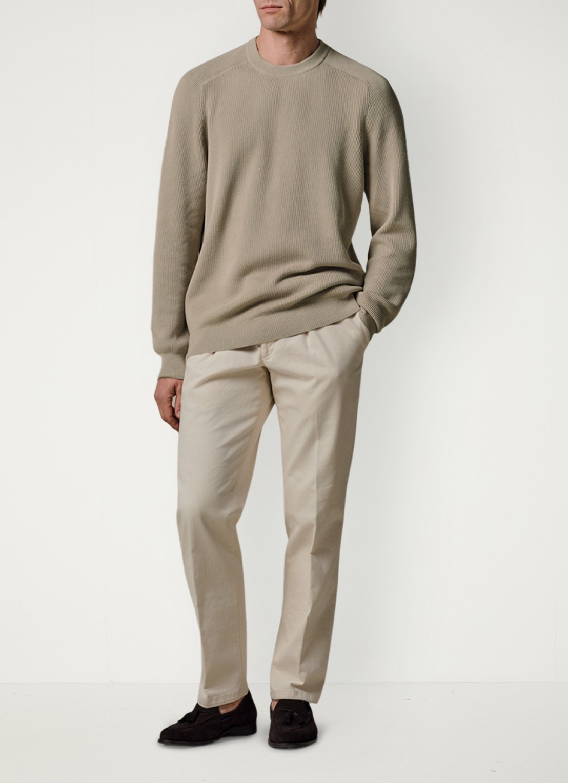 Profuomo Fijngebreide trui met ribstructuur - voorkant 5 beige