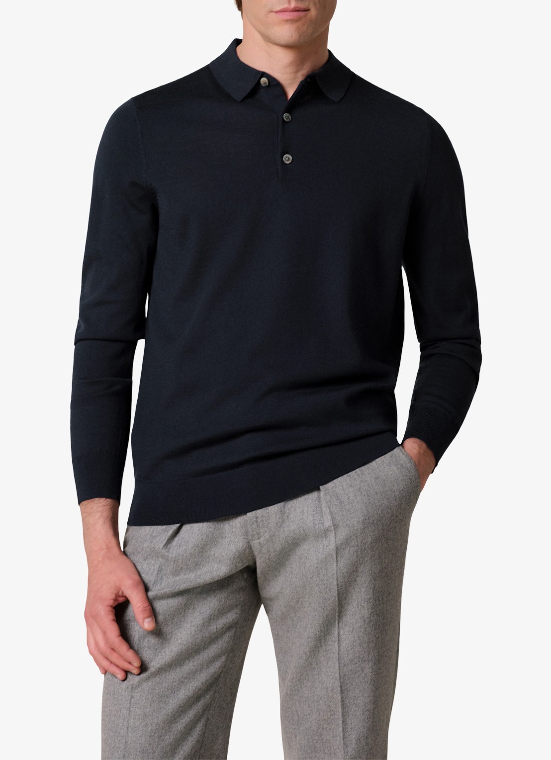 Profuomo Fijngebreide trui van wol met polokraag - detail donkerblauw