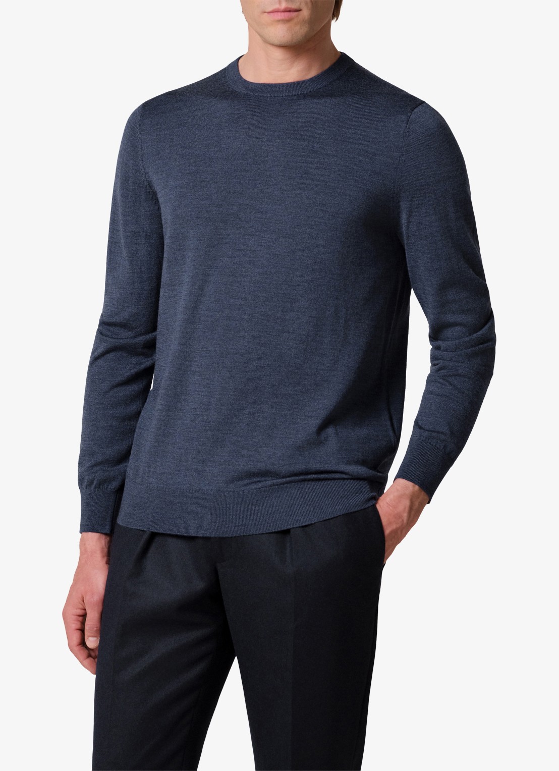 Profuomo Fijngebreide trui van wol met ronde hals - detail 3 donkerblauw