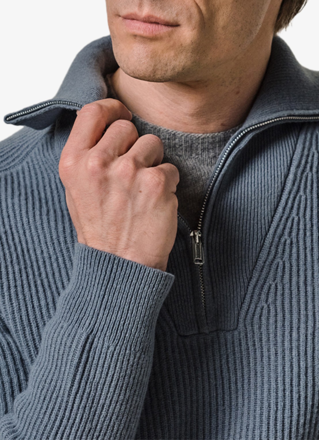 Profuomo Grofgebreide schippertrui van wol - detail 3 blauw