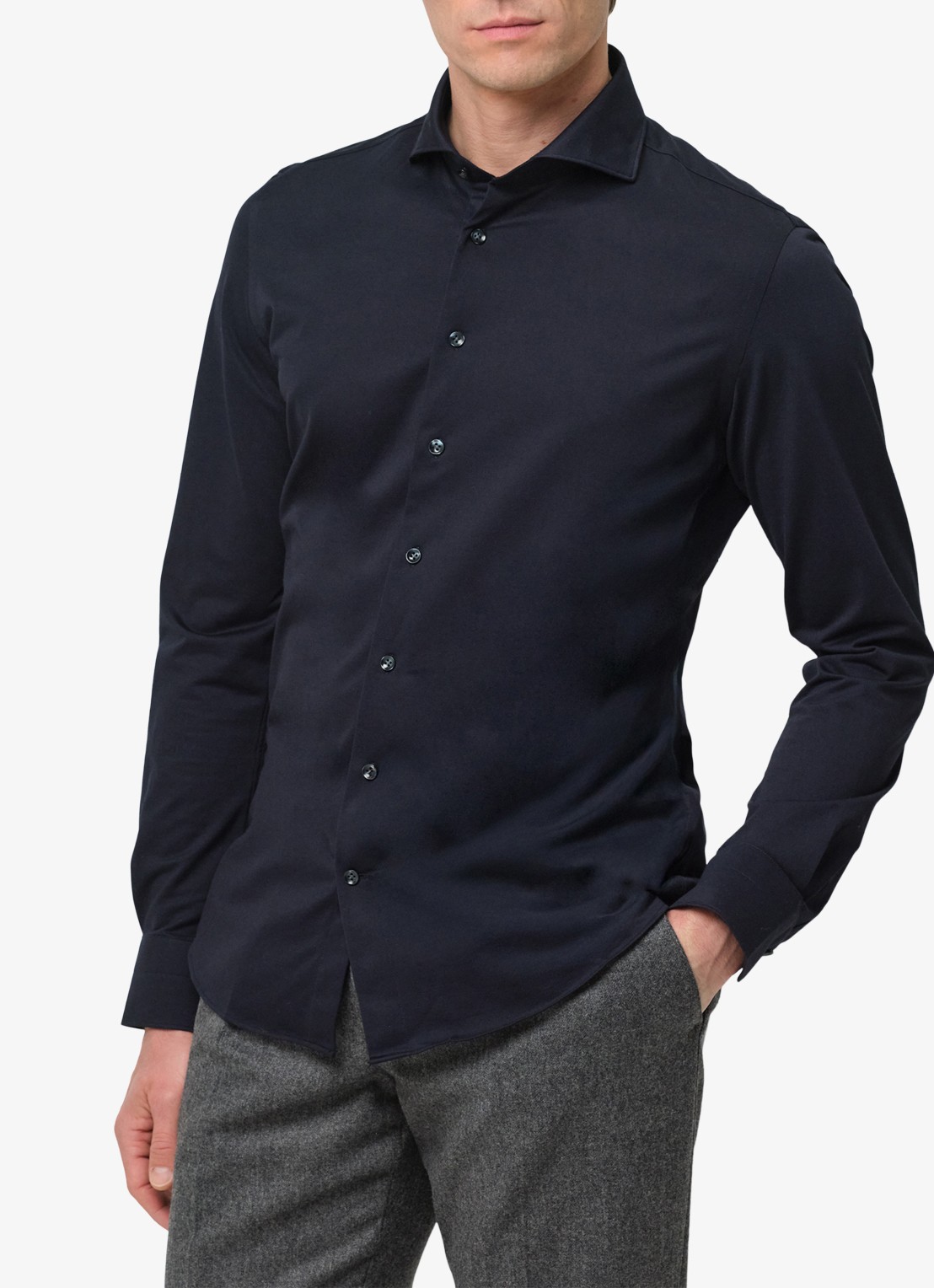 Profuomo Japanese knitted regular fit overhemd met cut away kraag - detail 3 donkerblauw